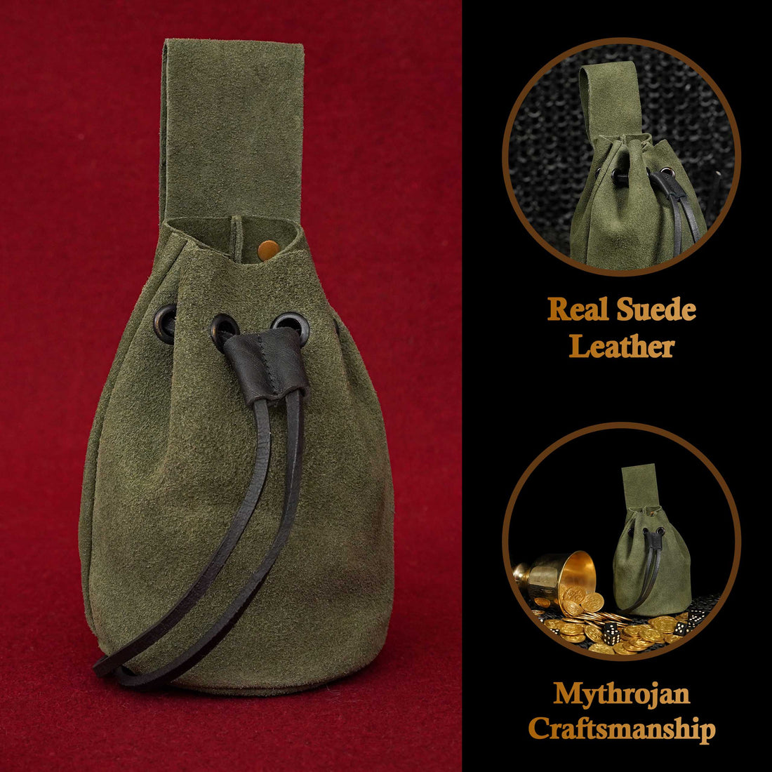 Mythrojan Medieval Drawstring Belt Bag, Ideal for SCA LARP Reenactment &amp; Ren Fair, Suede Leather, Sage 6”×5”