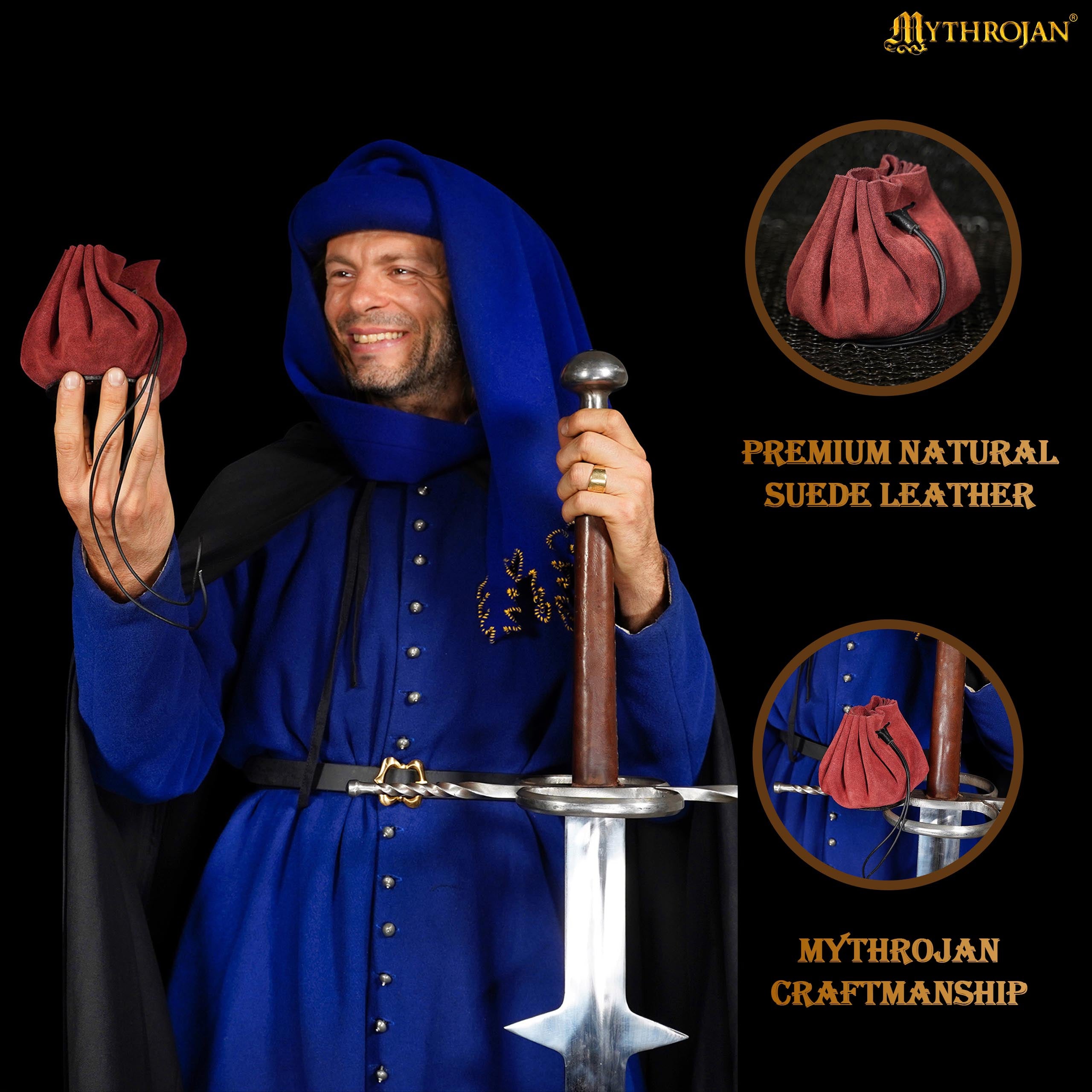 Mythrojan “ Gold and Dice ” Medieval Drawstring Bag, Ideal for SCA LARP Reenactment &amp; Ren fair - Suede Leather Pouch, Wine Red 3.5"