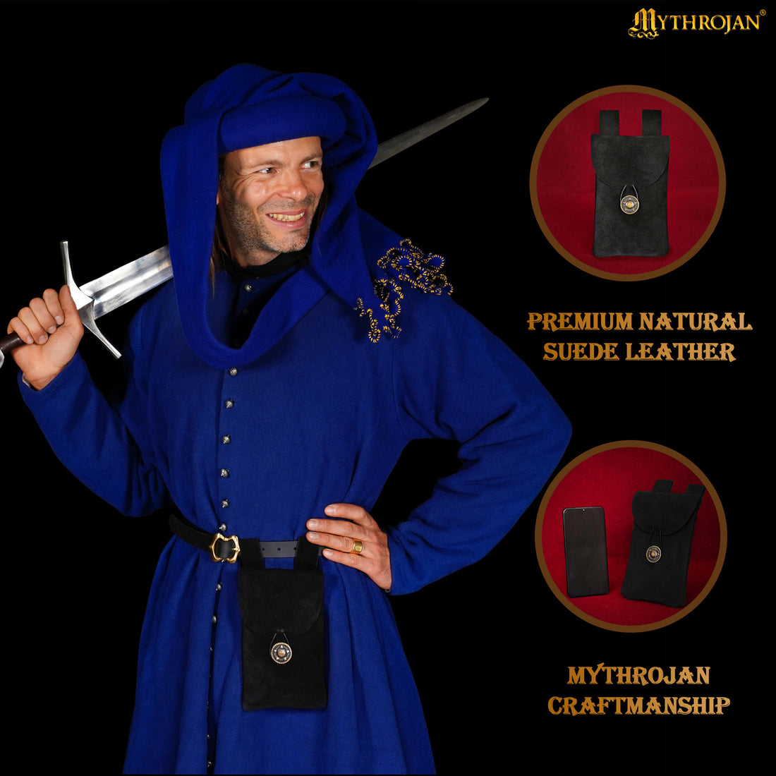 Mythrojan Suede Belt Bag, Ideal for SCA LARP Reenactment &amp; Ren fair, Suede Leather, Black , 7.2 ”× 4.7 ”