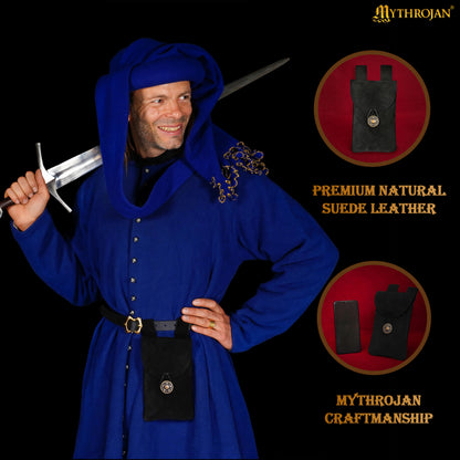 Mythrojan Suede Belt Bag, Ideal for SCA LARP Reenactment &amp; Ren fair, Suede Leather, Black , 7.2 ”× 4.7 ”