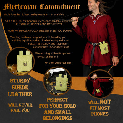 Mythrojan Suede Belt Bag, Ideal for SCA LARP Reenactment &amp; Ren fair, Suede Leather, Olive , 5 .5”× 5.1 ”