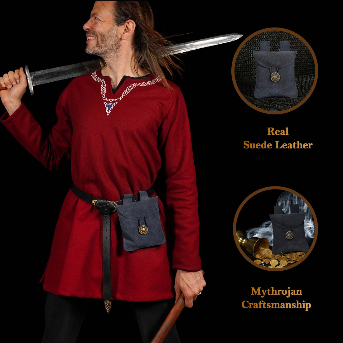 Mythrojan Medieval Renaissance Suede Jewelry Belt Pouch LARP Costume Waist Bag - Midnight Navy Blue