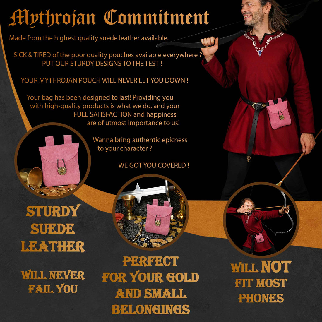 Mythrojan Suede Belt Bag, Ideal for SCA LARP Reenactment &amp; Ren fair, Suede Leather, Pink , 5 .5”× 5.1 ”