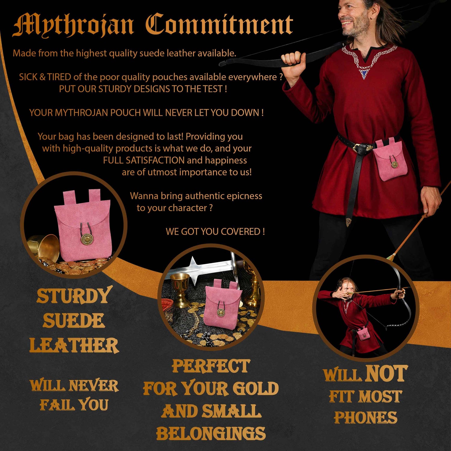 Mythrojan Suede Belt Bag, Ideal for SCA LARP Reenactment &amp; Ren fair, Suede Leather, Pink , 5 .5”× 5.1 ”