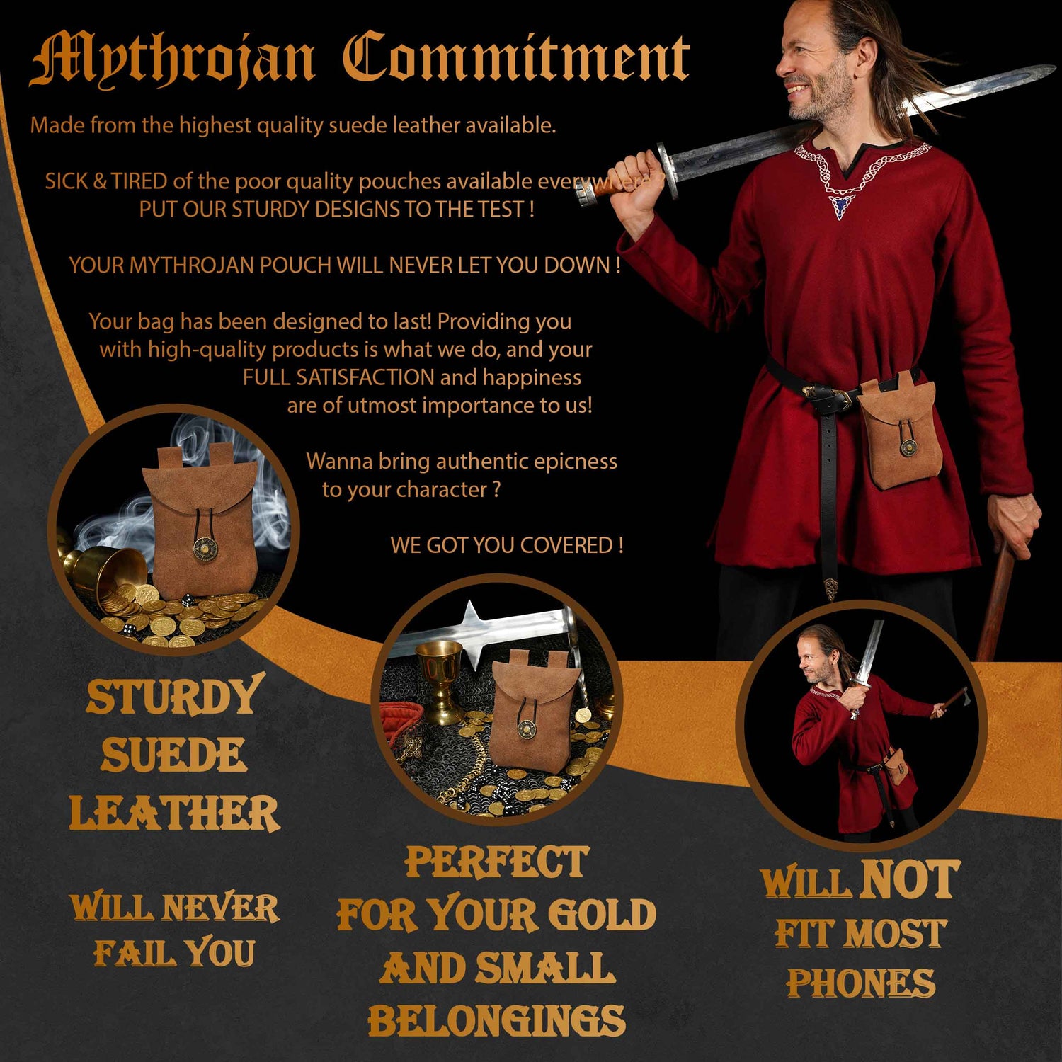Mythrojan Suede Belt Bag, Ideal for SCA LARP Reenactment &amp; Ren fair, Suede Leather, Brown , 5 .5”× 5.1 ”