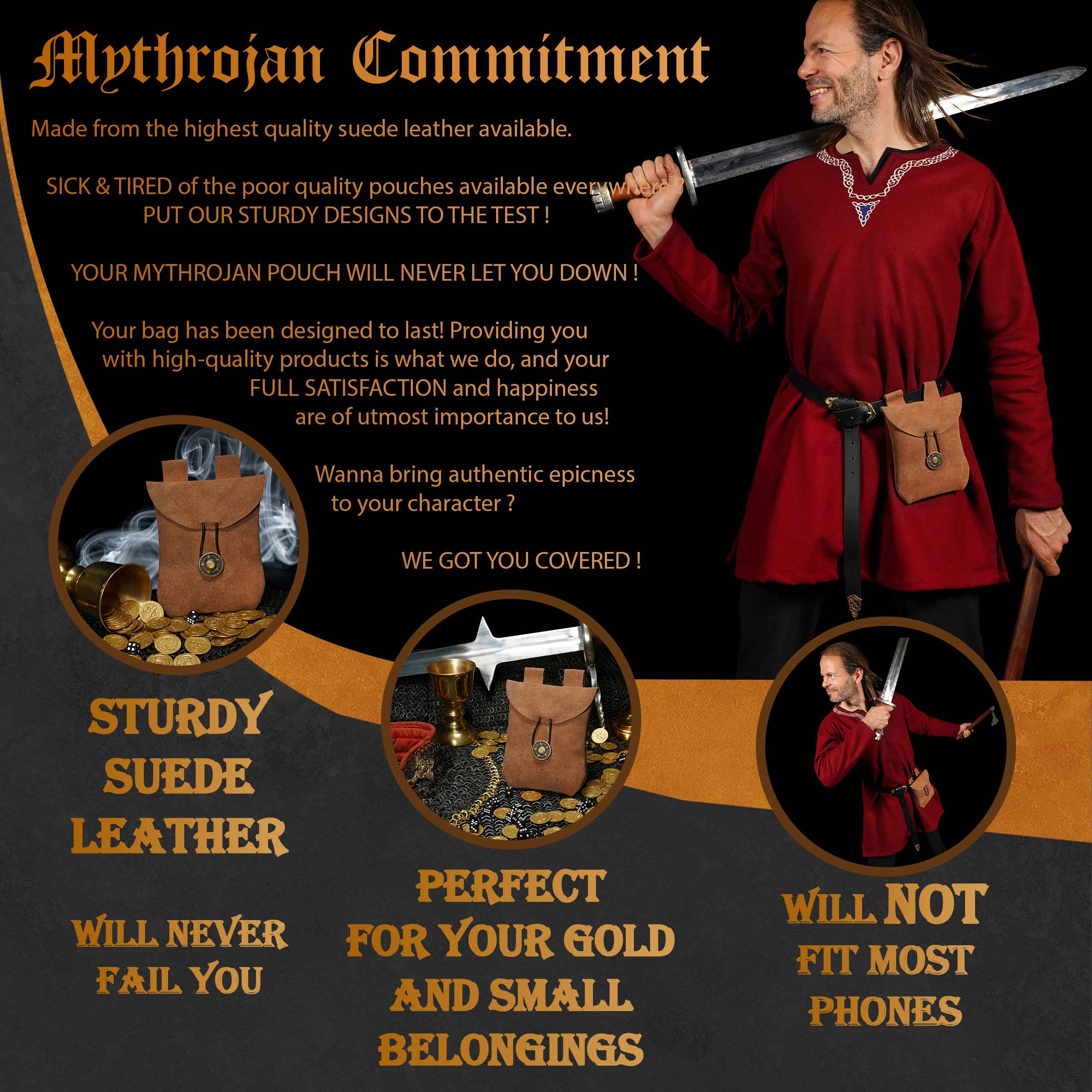 Mythrojan Suede Belt Bag, Ideal for SCA LARP Reenactment &amp; Ren fair, Suede Leather, Brown , 5 .5”× 5.1 ”