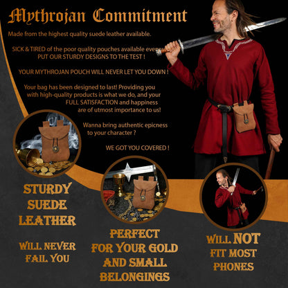 Mythrojan Suede Belt Bag, Ideal for SCA LARP Reenactment &amp; Ren fair, Suede Leather, Brown , 5 .5”× 5.1 ”