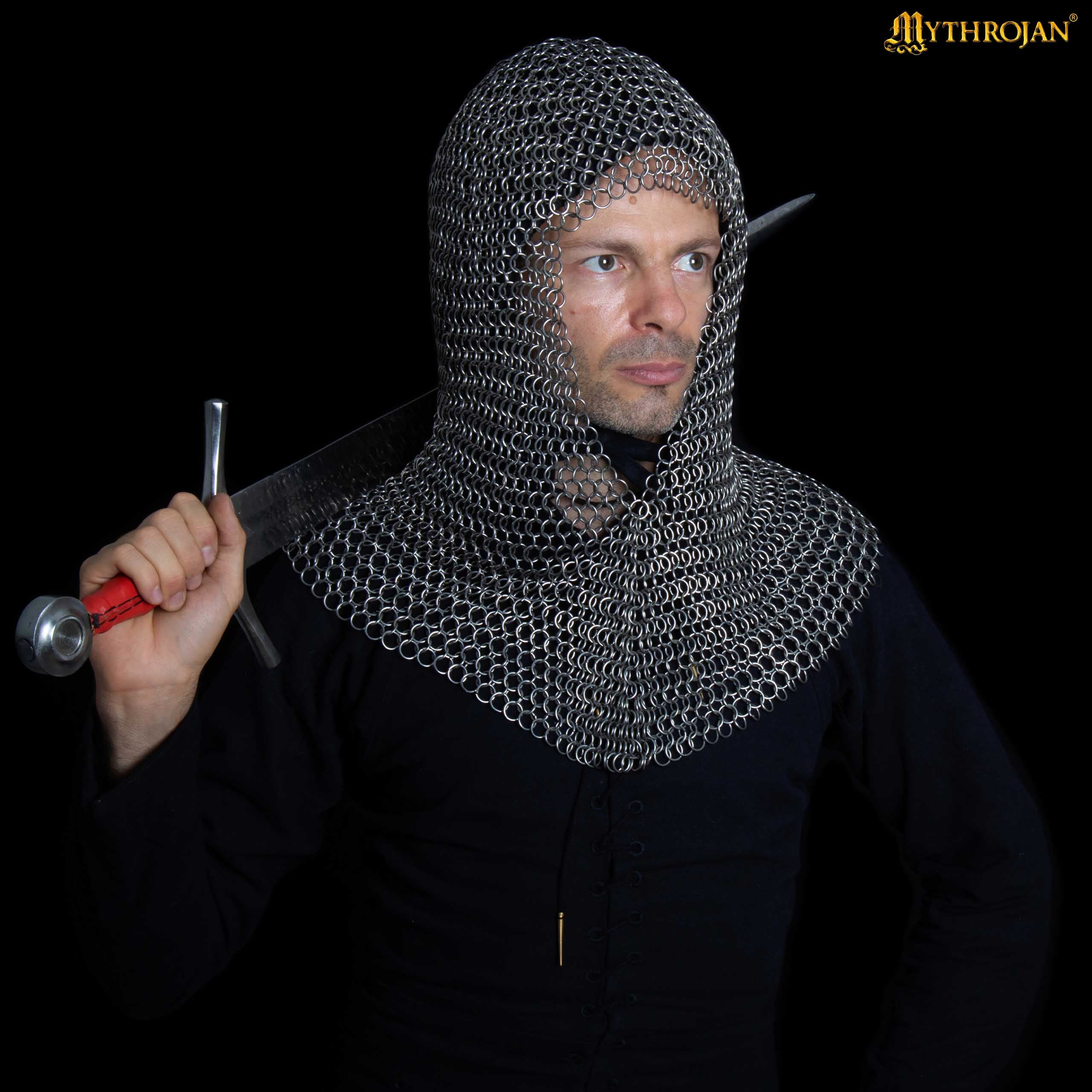 Mythrojan STAINLESS STEEL BUTTED CHAINMAIL COIF : Medieval Knight Renaissance Armor Chain Mail Hood Viking LARP 16 Gauge