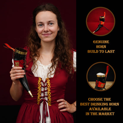 Mythrojan THE ELEGANT LADY Viking Drinking Horn with Red Leather holder Authentic Medieval Inspired Viking Wine/Mead Mug - Polished Finish - 350ML