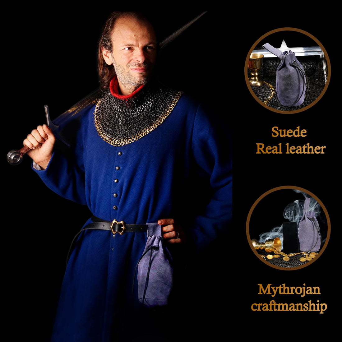 Mythrojan Medieval Drawstring Belt Bag, Ideal for SCA LARP Reenactment &amp; Ren Fair, Suede Leather, Dark Blue, 8”×6.5”
