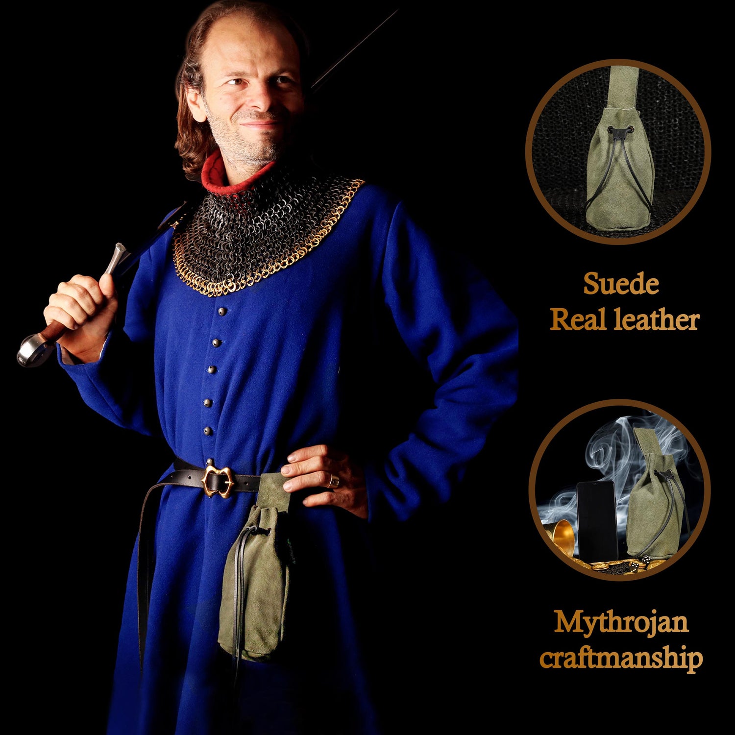 Mythrojan Medieval Drawstring Belt Bag, Ideal for SCA LARP Reenactment &amp; Ren Fair, Suede Leather, Green, 8”×6.5”