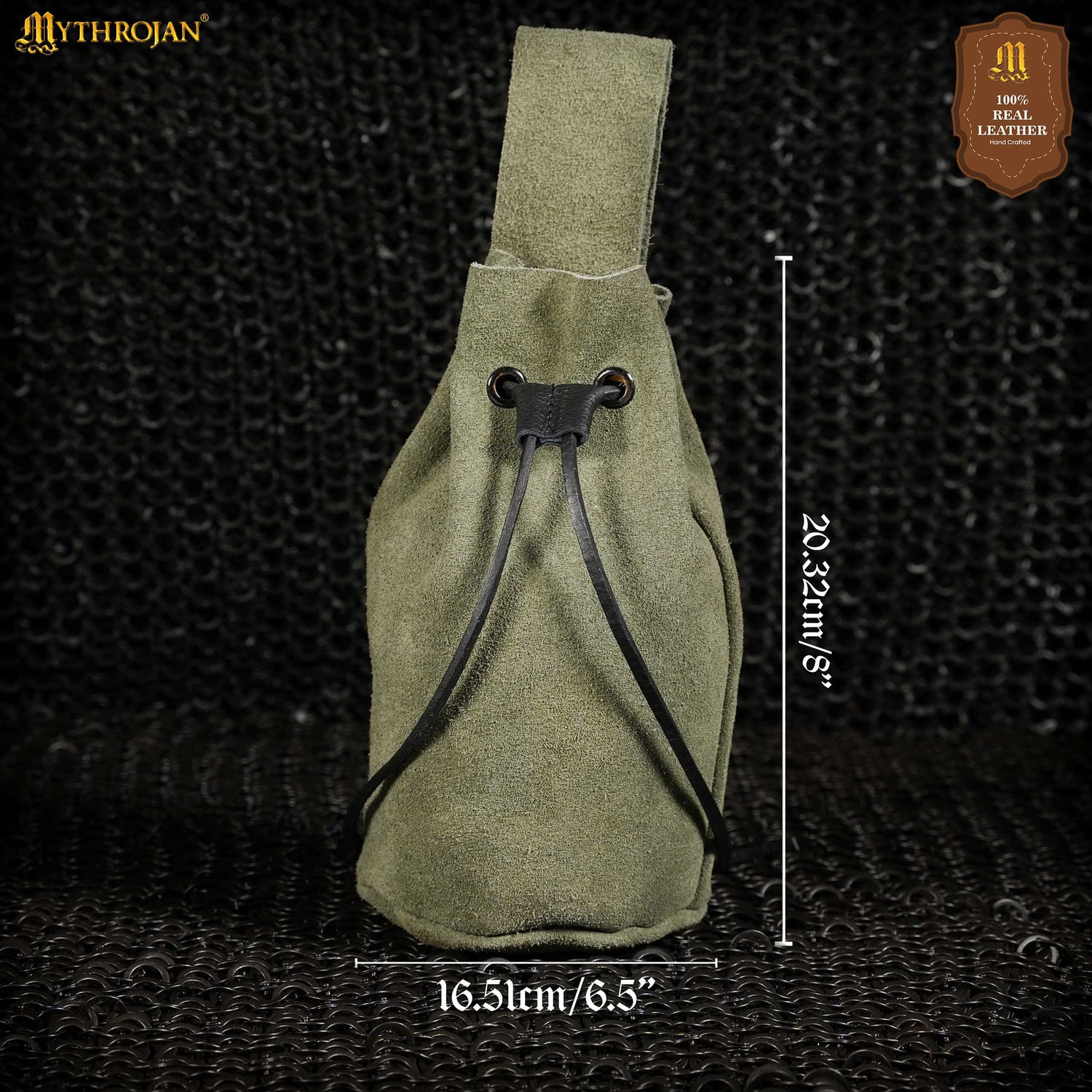 Mythrojan Medieval Drawstring Belt Bag, Ideal for SCA LARP Reenactment &amp; Ren Fair, Suede Leather, Green, 8”×6.5”