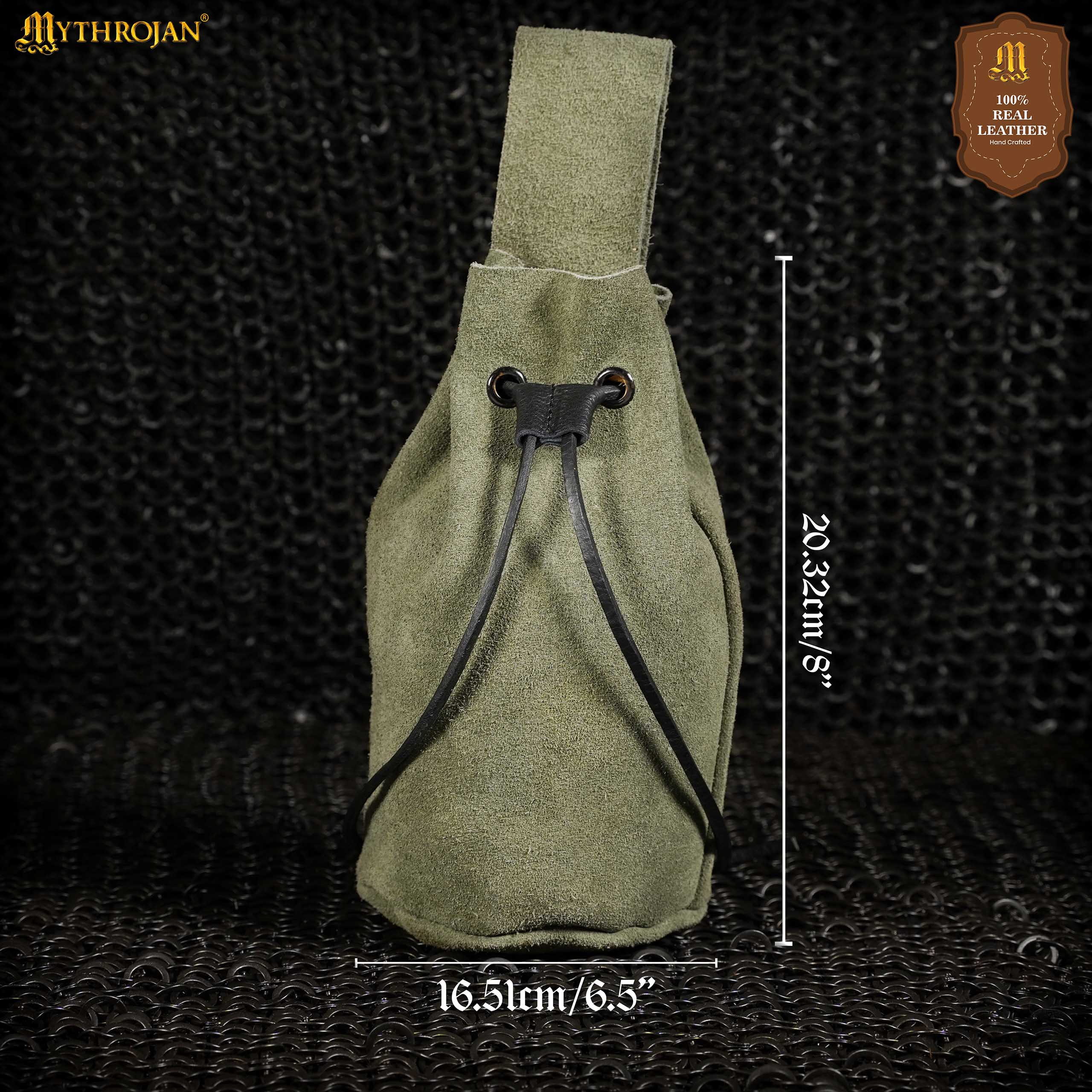 Mythrojan Medieval Drawstring Belt Bag, Ideal for SCA LARP Reenactment &amp; Ren Fair, Suede Leather, Green, 8”×6.5”