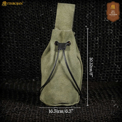 Mythrojan Medieval Drawstring Belt Bag, Ideal for SCA LARP Reenactment &amp; Ren Fair, Suede Leather, Green, 8”×6.5”