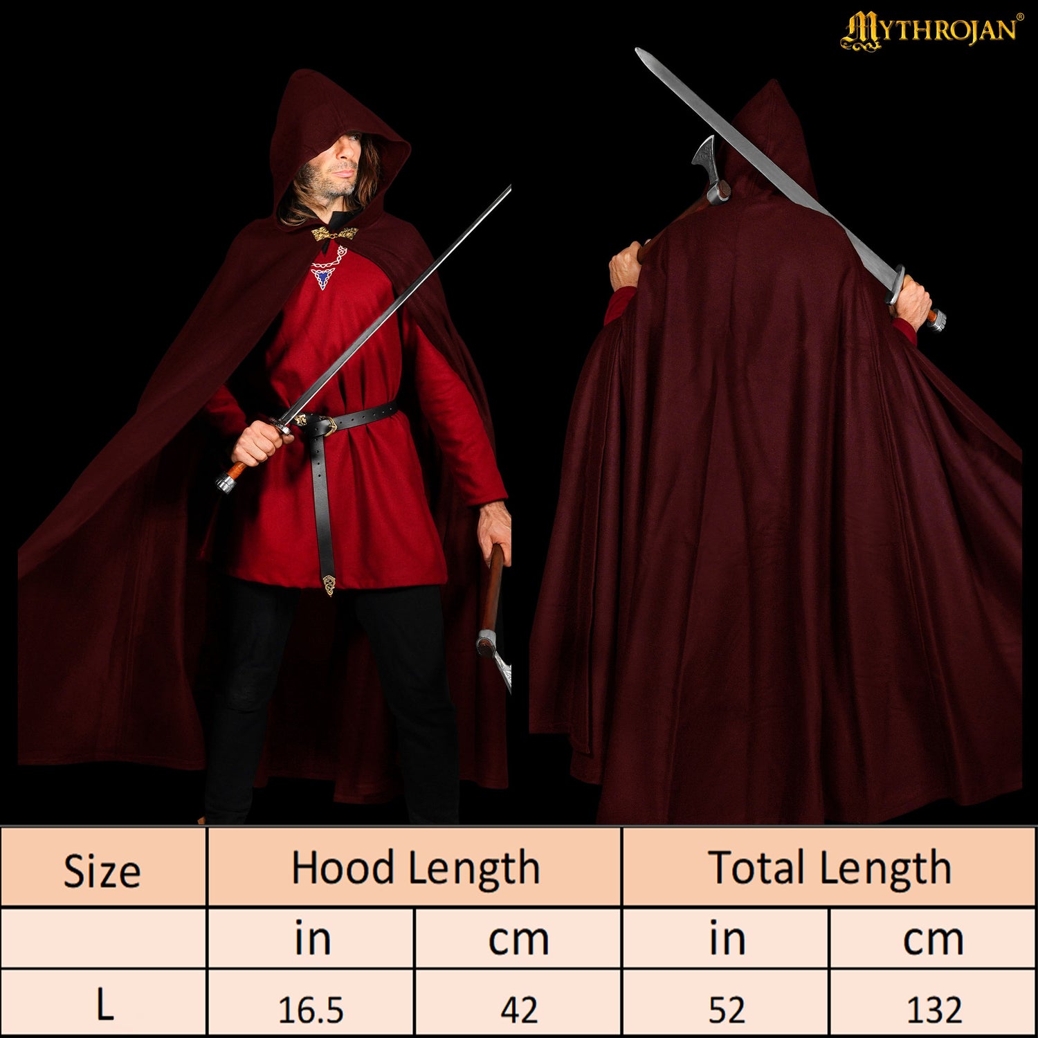 Mythrojan Woolen Hooded Cloak with Delicate Brass Brooch Medieval Wool Cape