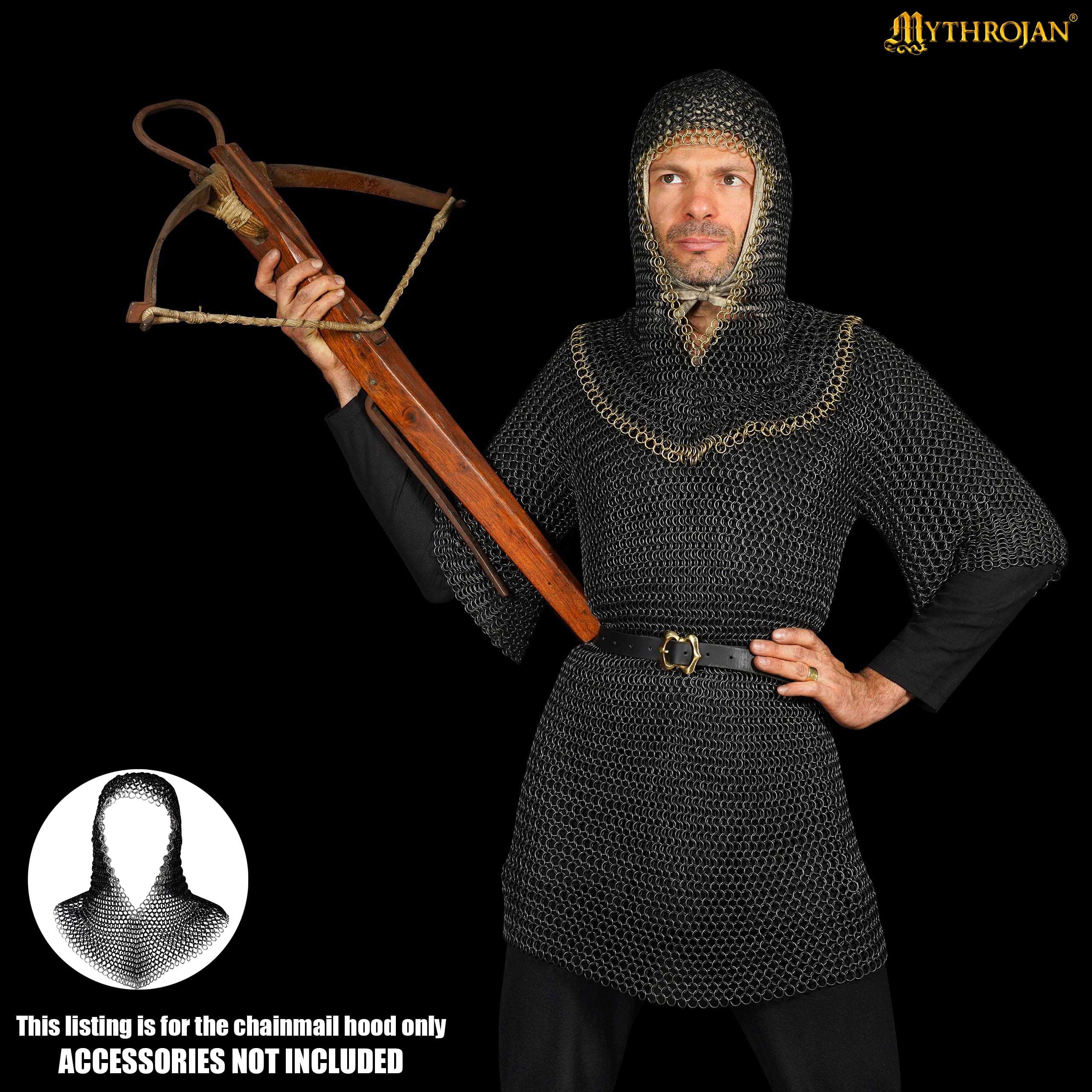 Mythrojan Medieval Chainmail Coif Butted Mild Steel and Solid Brass, Medieval SCA Reenactments Medieval Events, Black Finish with Solid Brass Edges, L