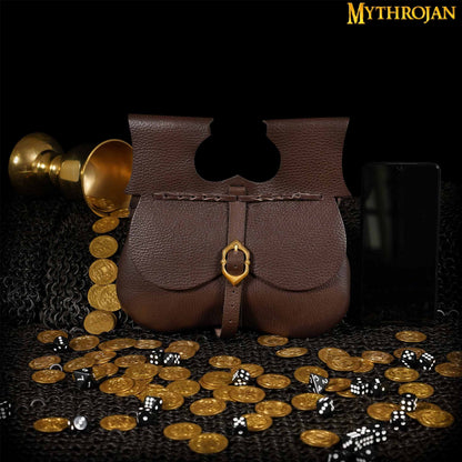 Mythrojan Classic Medieval Belt Bag with Solid Brass Buckle, Ideal for SCA LARP Reenactment &amp; Ren Fair, Full Grain Leather, Brown 8.5”×9”
