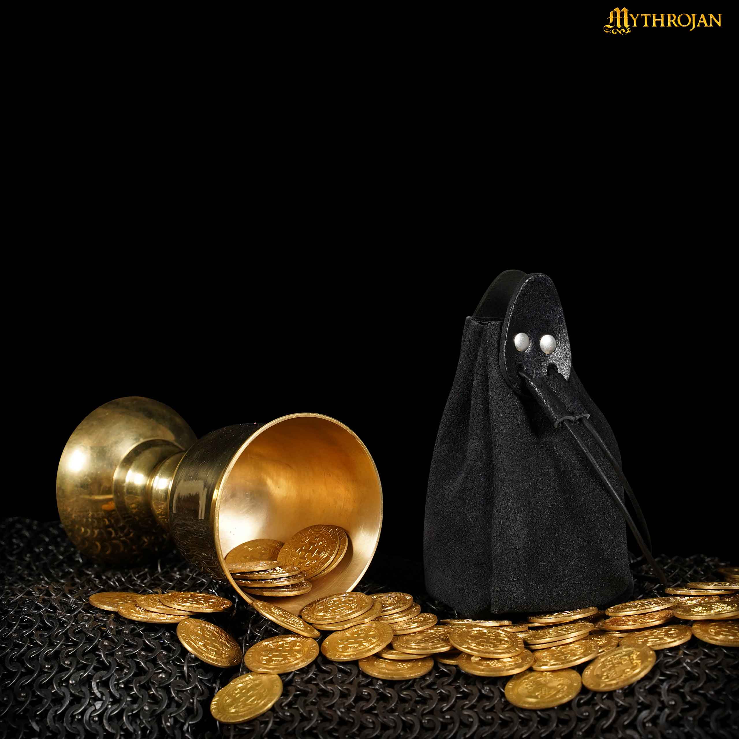 Mythrojan “Gold and Dice” Drawstring Pouch, Ideal for SCA LARP Reenactment &amp; Ren fair - Suede Leather Pouch, Black , 6 ”