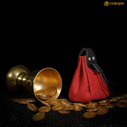 Mythrojan “Gold and Dice” Drawstring Pouch, Ideal for SCA LARP Reenactment &amp; Ren fair - Suede Leather Pouch, Black and Red , 6 ”