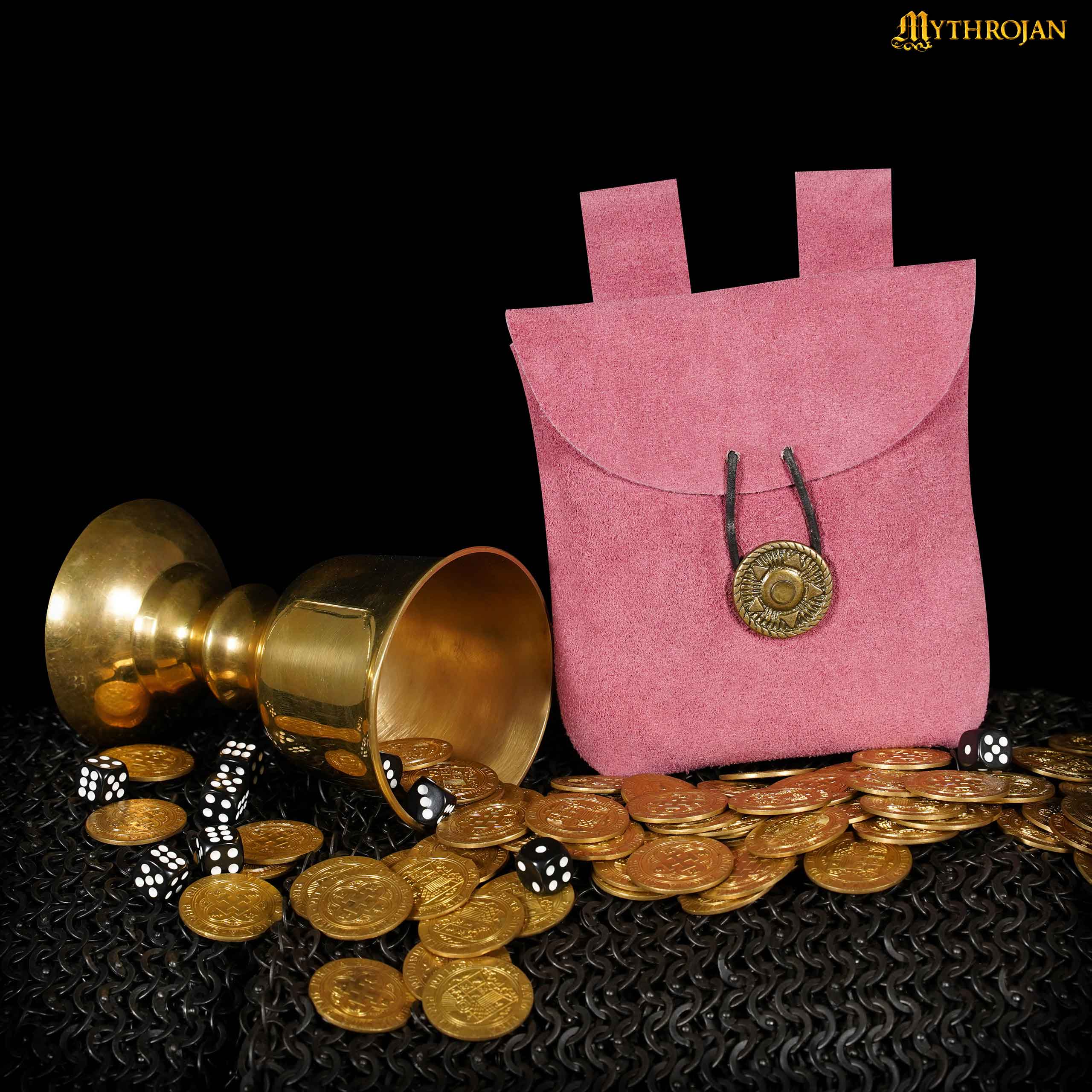 Mythrojan Suede Belt Bag, Ideal for SCA LARP Reenactment &amp; Ren fair, Suede Leather, Pink , 5 .5”× 5.1 ”