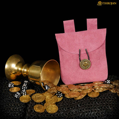 Mythrojan Suede Belt Bag, Ideal for SCA LARP Reenactment &amp; Ren fair, Suede Leather, Pink , 5 .5”× 5.1 ”
