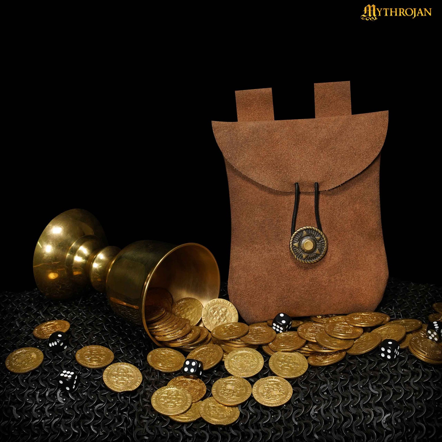 Mythrojan Suede Belt Bag, Ideal for SCA LARP Reenactment &amp; Ren fair, Suede Leather, Brown , 5 .5”× 5.1 ”