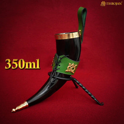 Mythrojan THE ELEGANT LADY Viking Drinking Horn with Green Leather holder Authentic Medieval Inspired Viking Wine/Mead Mug - Polished Finish - 350Ml