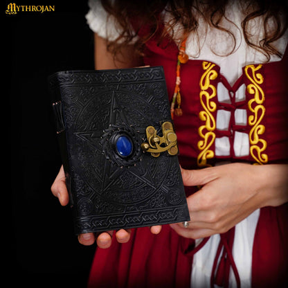Mythrojan Vintage Antique Leather Journal with Semi Precious Stone Black Pentagram Star Design - Book of Shadows, Grimoire Journal, for Men and Women - 7 x 5 Inch