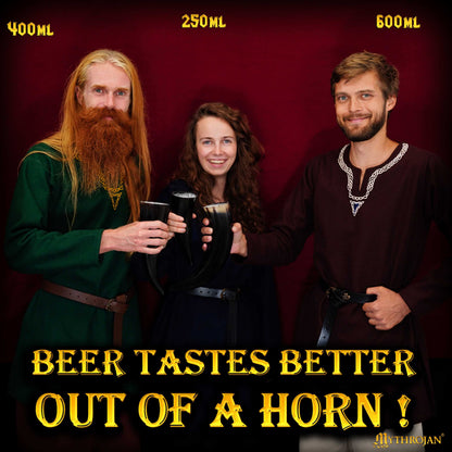 Mythrojan Viking Drinking Horn with Black Leather Holder Authentic Drinking Horn Norse Beer Horn Drinking Horn , 500ml