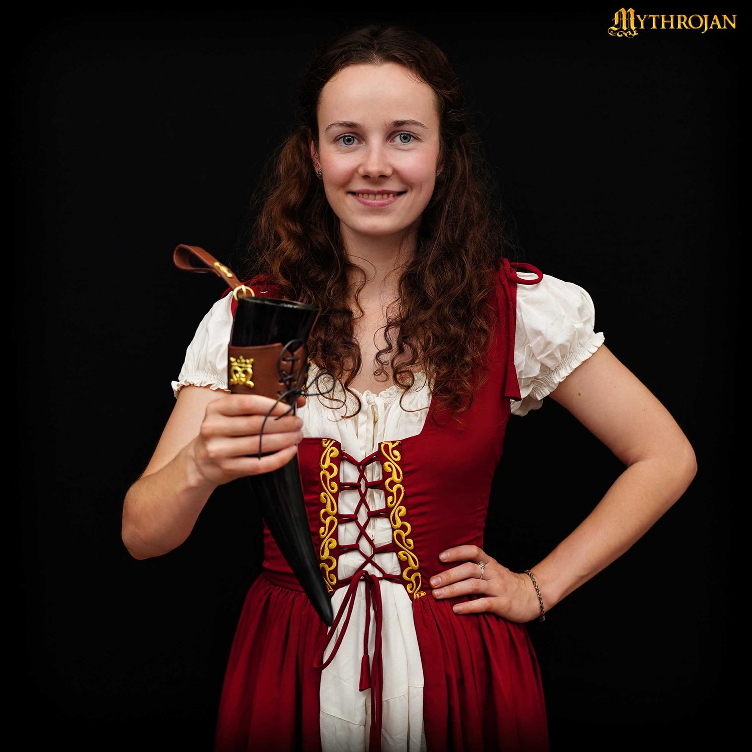 Mythrojan"THE ELEGANT LADY" Viking Drinking Horn with Leather Holder Authentic Medieval Inspired Viking Wine/Mead Mug - Polished Finish - 250 ML / Brown