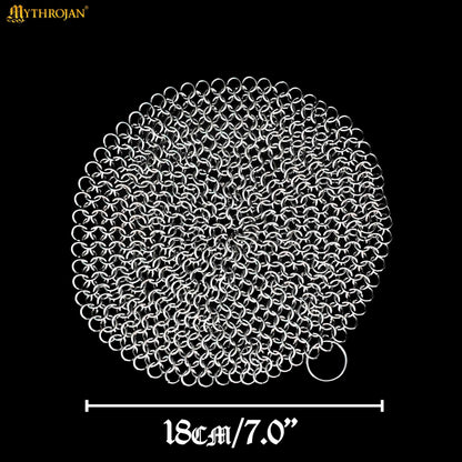 Mythrojan Chainmail Round Stainless Steel Scrubber, Ideal for Cleaning Cast Iron Skillet, Wok, Cooking Pot, Griddle or Cast Iron Cauldron Maintenance, Diameter: 7”