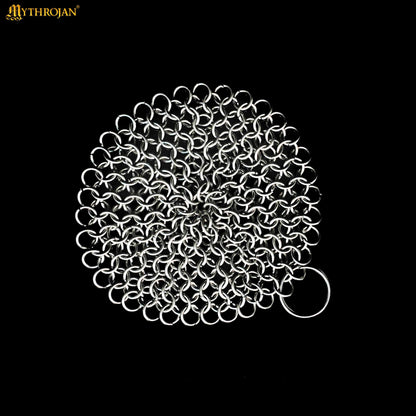 Mythrojan Chainmail Round Stainless Steel Scrubber, Ideal for Cleaning Cast Iron Skillet, Wok, Cooking Pot, Griddle or Cast Iron Cauldron Maintenance, Diameter: 4.7”