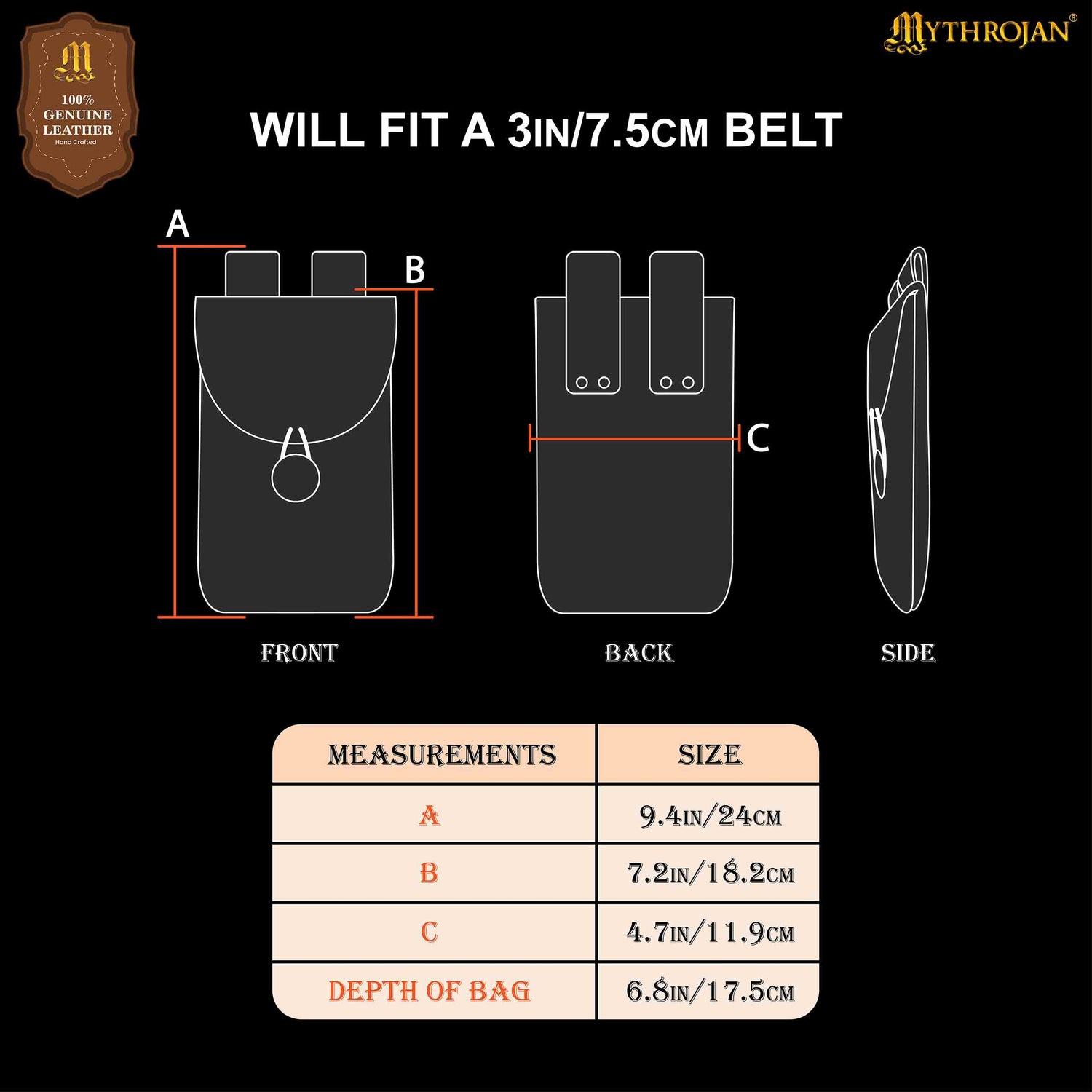 Mythrojan Leather Belt Bag, Ideal for SCA LARP Reenactment &amp; Ren fair, Full Grain Leather, Natural , 7.2 ”× 4.7 ”