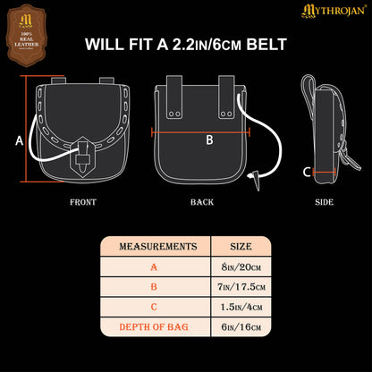 Mythrojan “The Adventurer’s” Belt Bag with Horn Toggle, ideal for SCA LARP reenactment &amp; Ren fair, Full Grain Leather, Black 7”