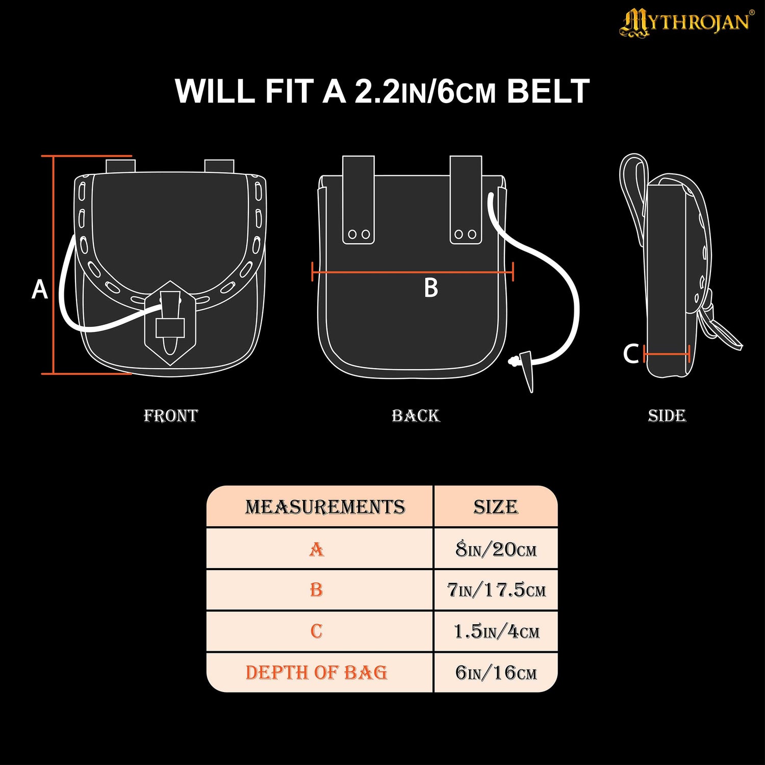 Mythrojan “The Adventurer’s” Belt Bag with Horn Toggle, Ideal for SCA LARP Reenactment &amp; Ren fair, Full Grain Leather and Handwoven Canvas , Black , 8” × 7”