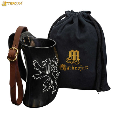 Mythrojan Tumbler Viking Drinking Cup with Handle &amp; Medieval Buckle Renaissance with Leather Strap - 600 ML / Rampat Lion