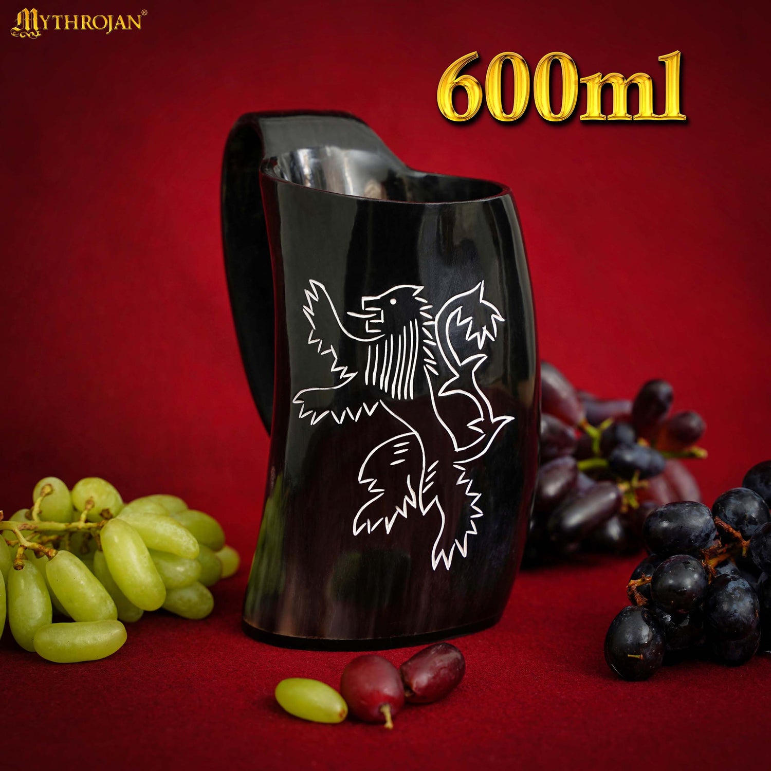 Mythrojan Tumbler Viking Drinking Cup with Handle &amp; Medieval Buckle Renaissance with Leather Strap - 600 ML / Rampat Lion