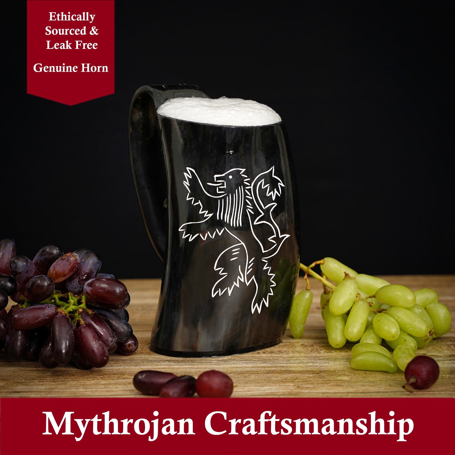 Mythrojan Tumbler Viking Drinking Cup with Handle &amp; Medieval Buckle Renaissance with Leather Strap - 600 ML / Rampat Lion