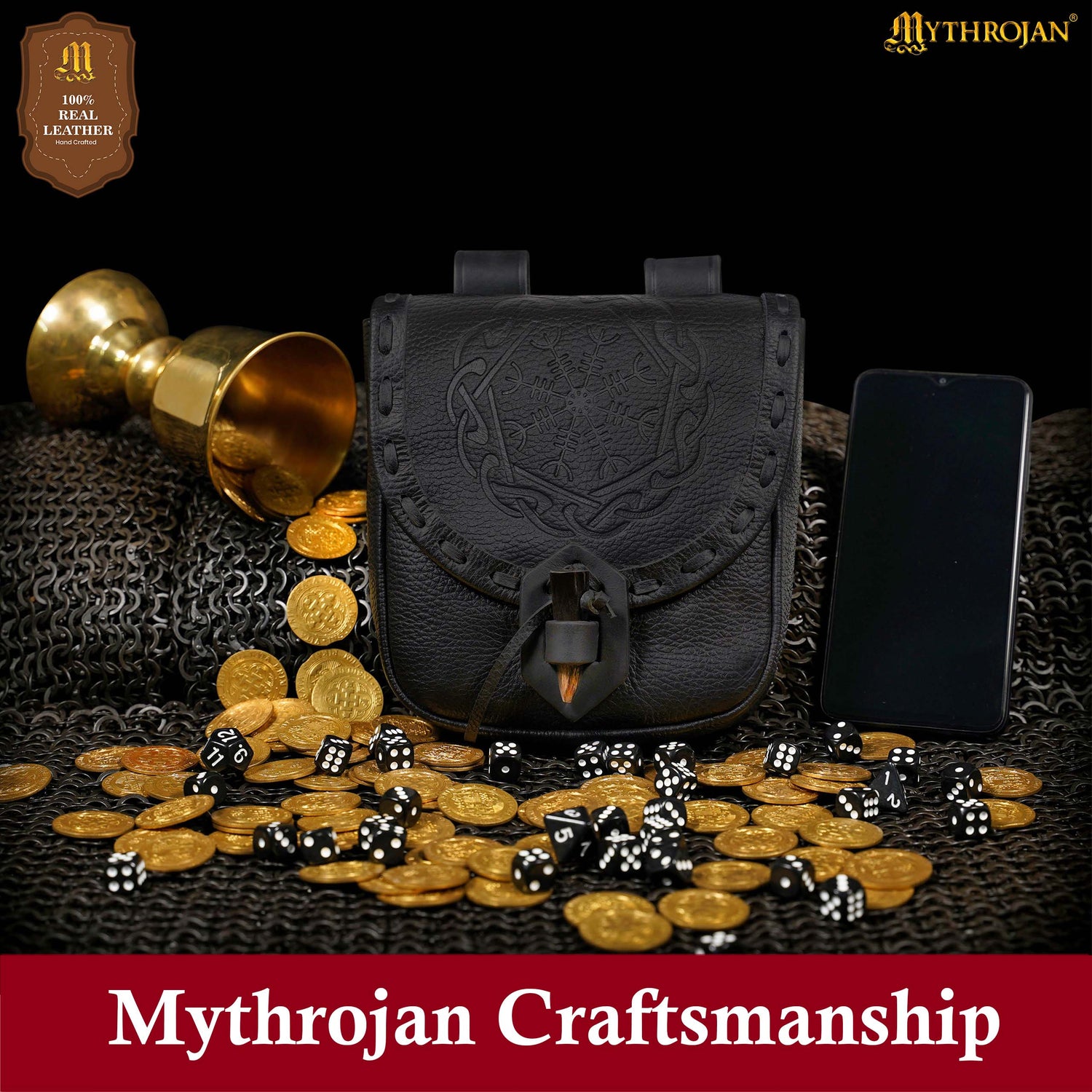 Mythrojan “The Adventurer’s” Belt Bag with Horn Toggle, ideal for SCA LARP reenactment &amp; Ren fair, Full Grain Leather, Black 7”