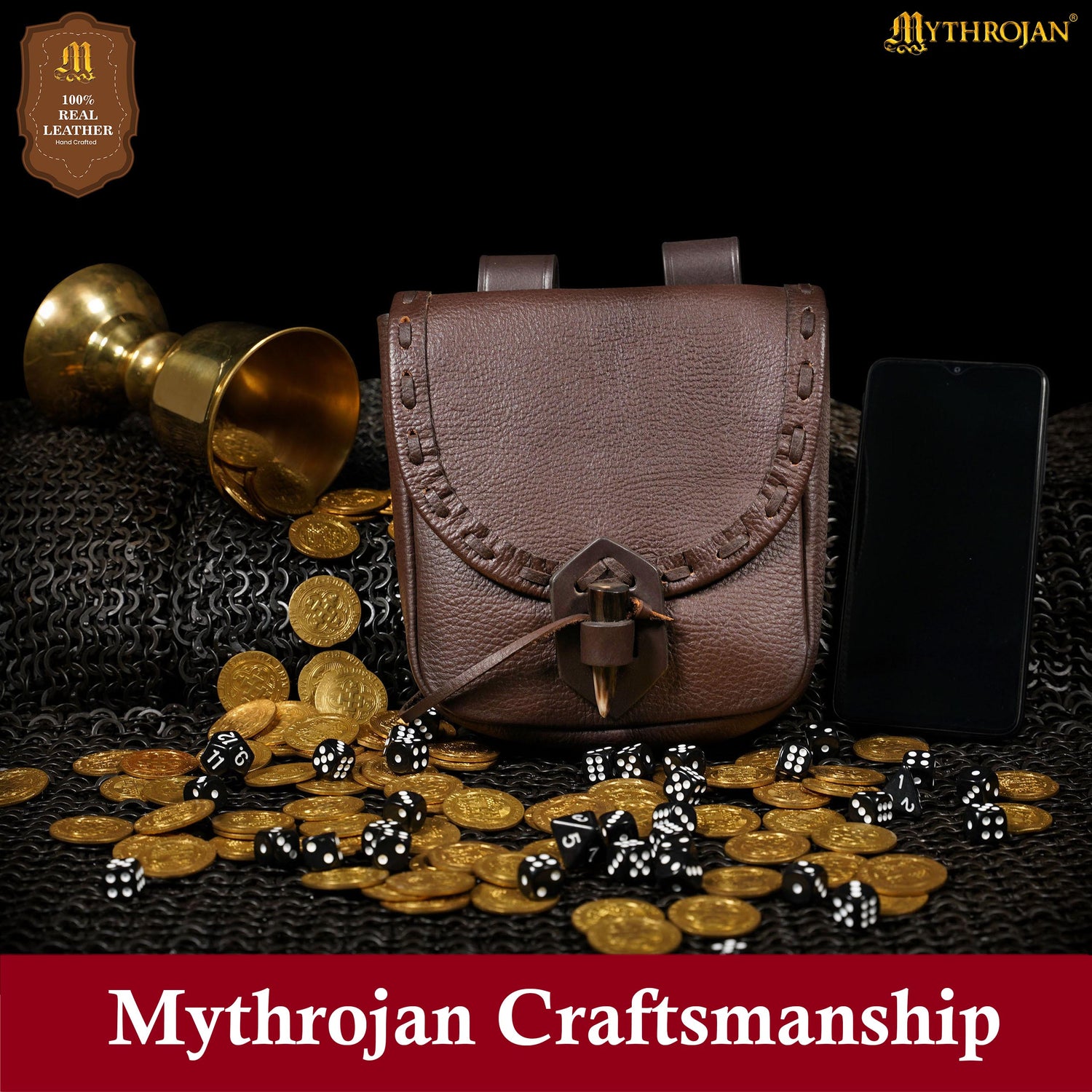 Mythrojan “The Adventurer’s” Belt Bag with Horn Toggle, Ideal for SCA LARP Reenactment &amp; Ren fair, Full Grain Leather, Brown, 8”x 7”