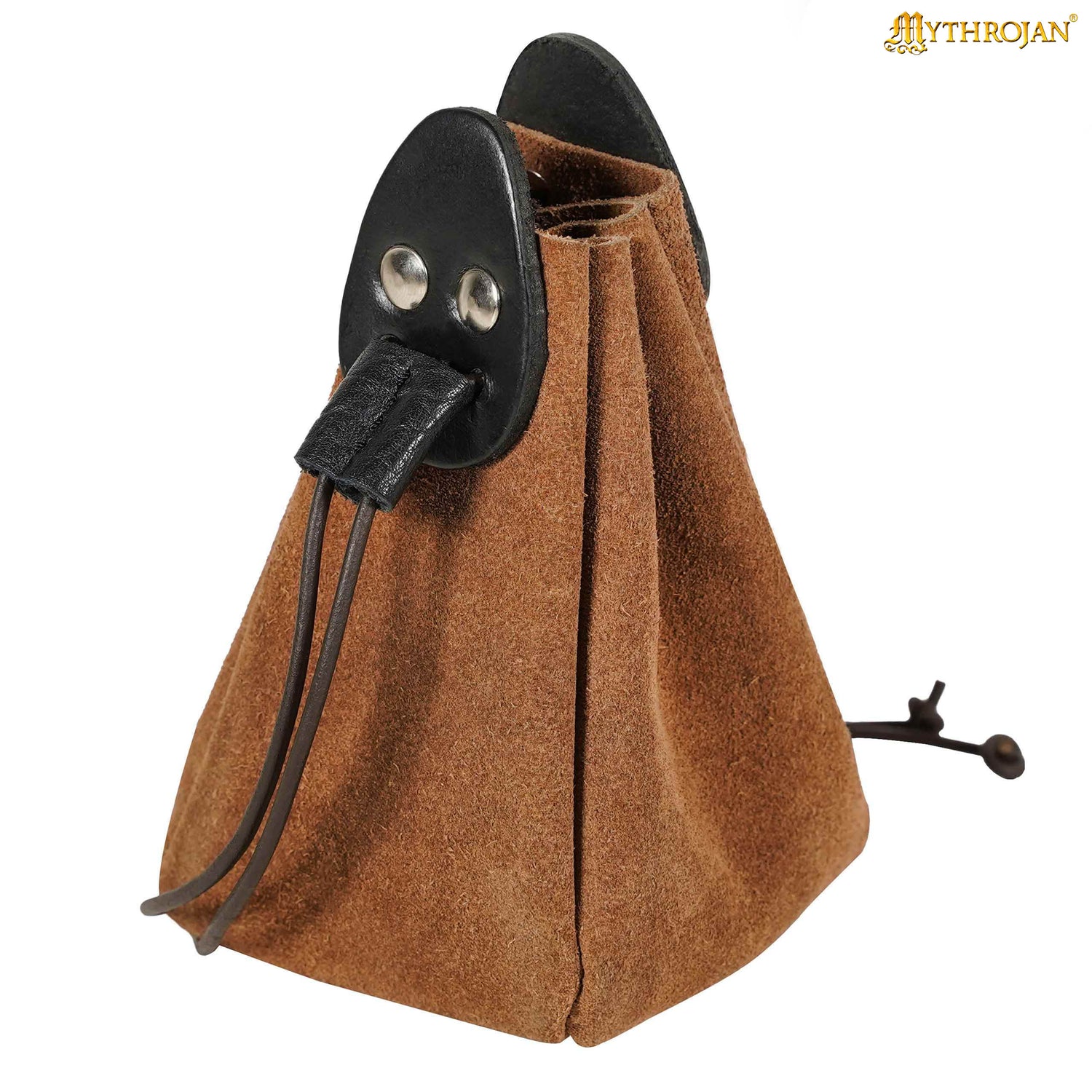 Mythrojan “Gold and Dice” Drawstring Pouch, Ideal for SCA LARP Reenactment &amp; Ren fair - Suede Leather Pouch, Black and Brown , 6 ”