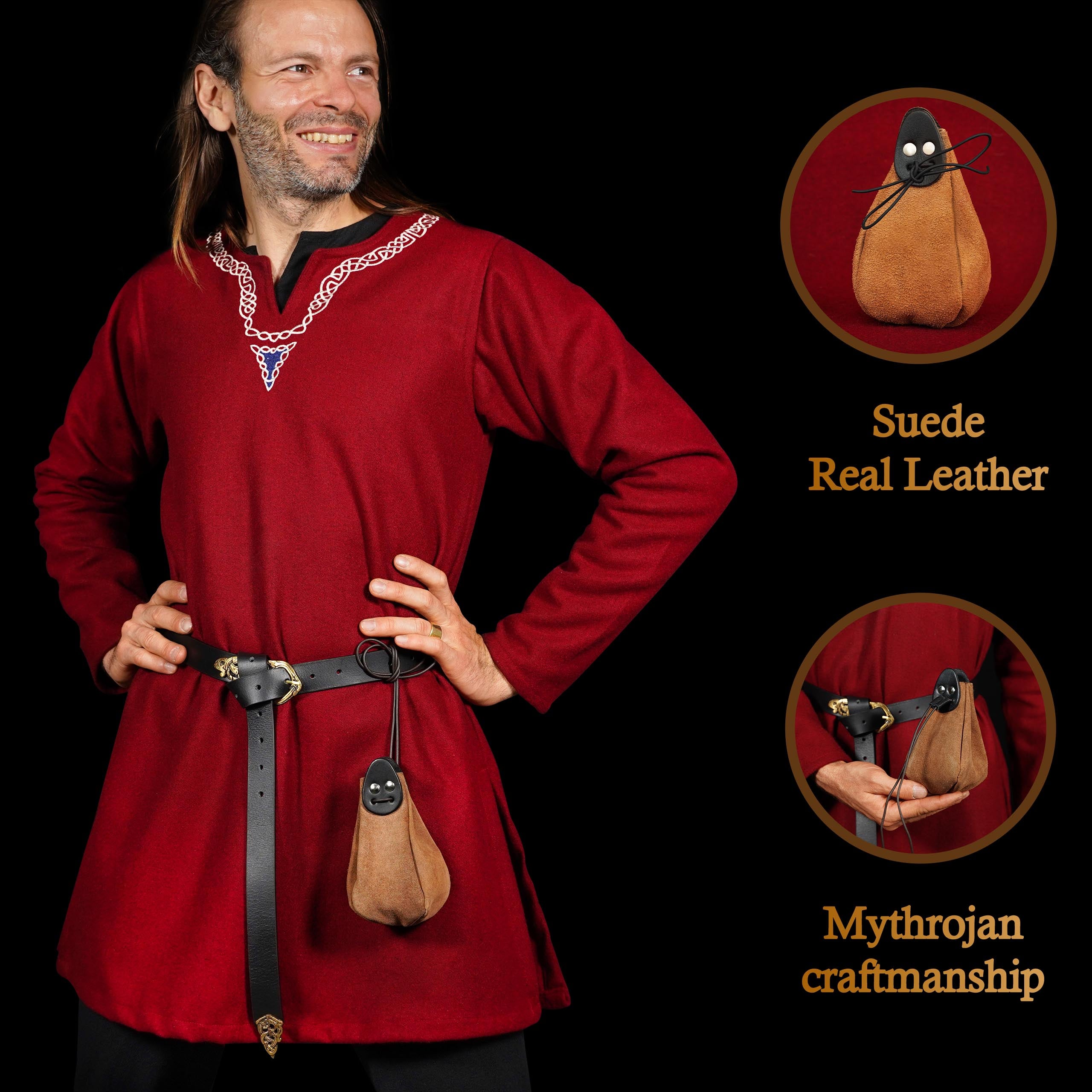 Mythrojan “Gold and Dice” Drawstring Pouch, Ideal for SCA LARP Reenactment &amp; Ren fair - Suede Leather Pouch, Black and Brown , 6 ”