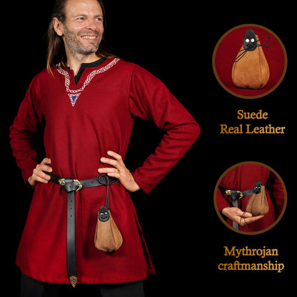 Mythrojan “Gold and Dice” Drawstring Pouch, Ideal for SCA LARP Reenactment &amp; Ren fair - Suede Leather Pouch, Black and Brown , 6 ”