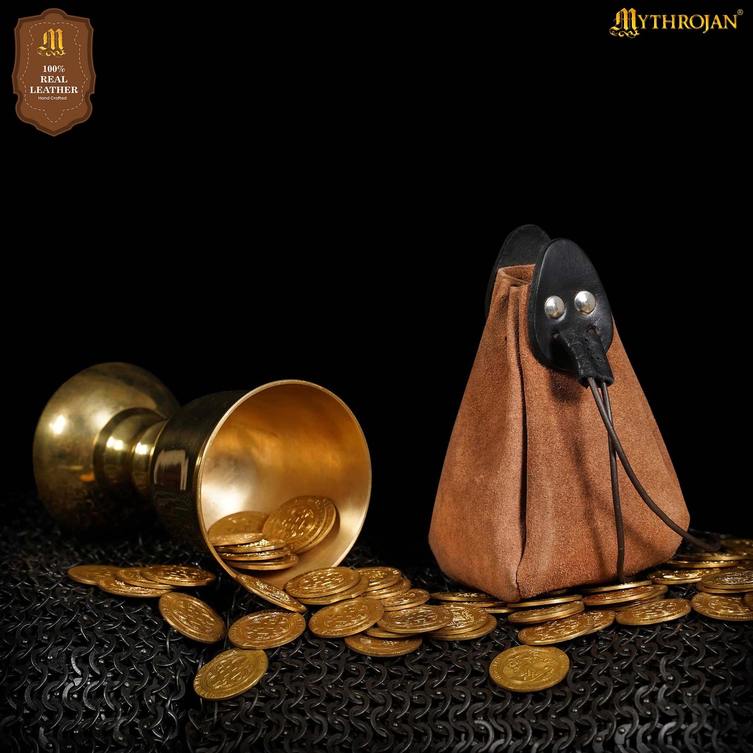 Mythrojan “Gold and Dice” Drawstring Pouch, Ideal for SCA LARP Reenactment &amp; Ren fair - Suede Leather Pouch, Black and Brown , 6 ”