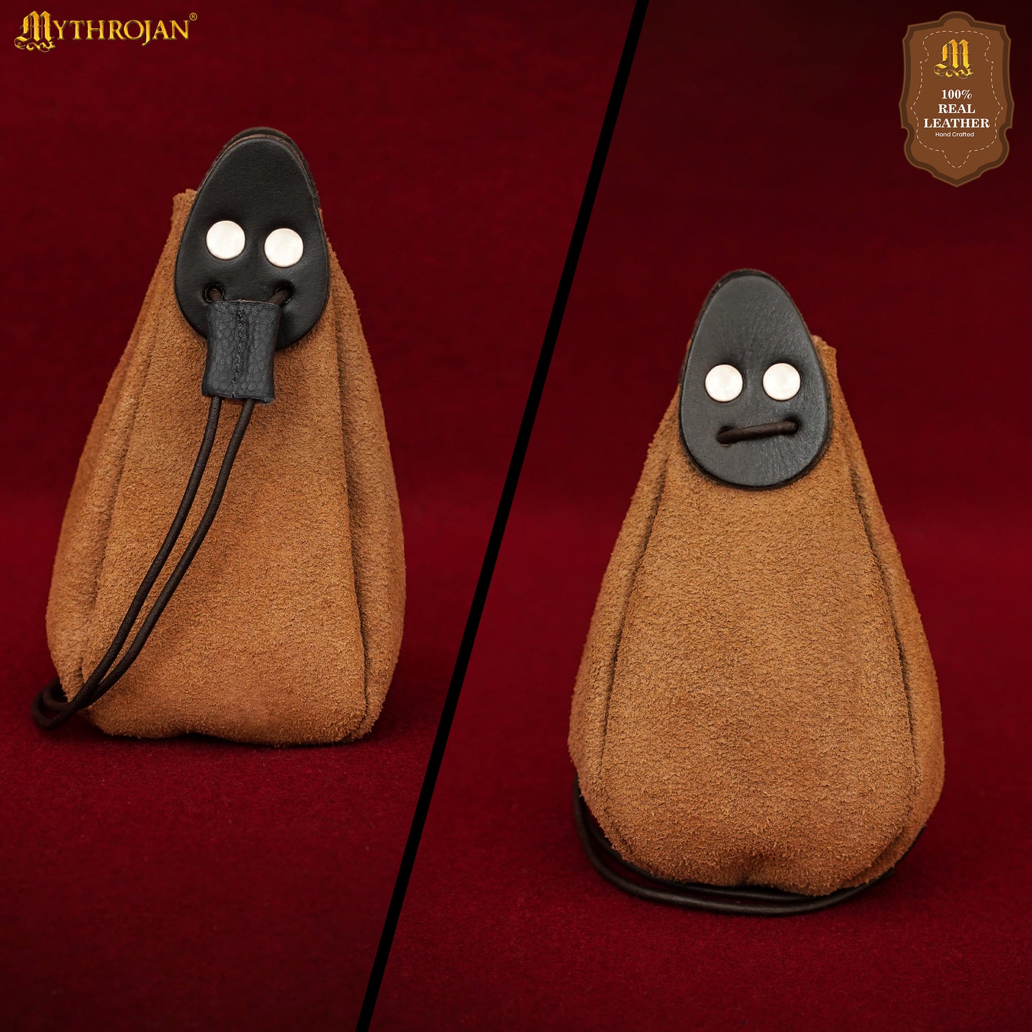 Mythrojan “Gold and Dice” Drawstring Pouch, Ideal for SCA LARP Reenactment &amp; Ren fair - Suede Leather Pouch, Black and Brown , 6 ”