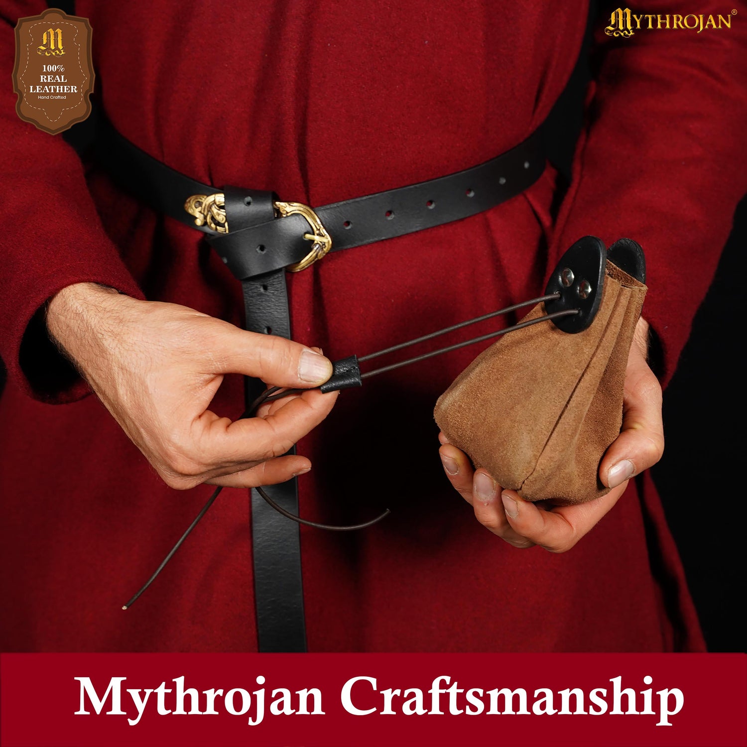 Mythrojan “Gold and Dice” Drawstring Pouch, Ideal for SCA LARP Reenactment &amp; Ren fair - Suede Leather Pouch, Black and Brown , 6 ”