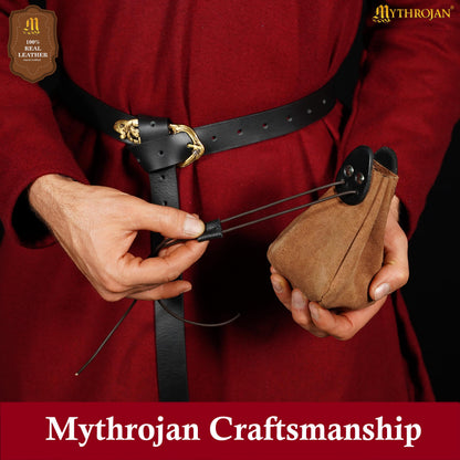 Mythrojan “Gold and Dice” Drawstring Pouch, Ideal for SCA LARP Reenactment &amp; Ren fair - Suede Leather Pouch, Black and Brown , 6 ”