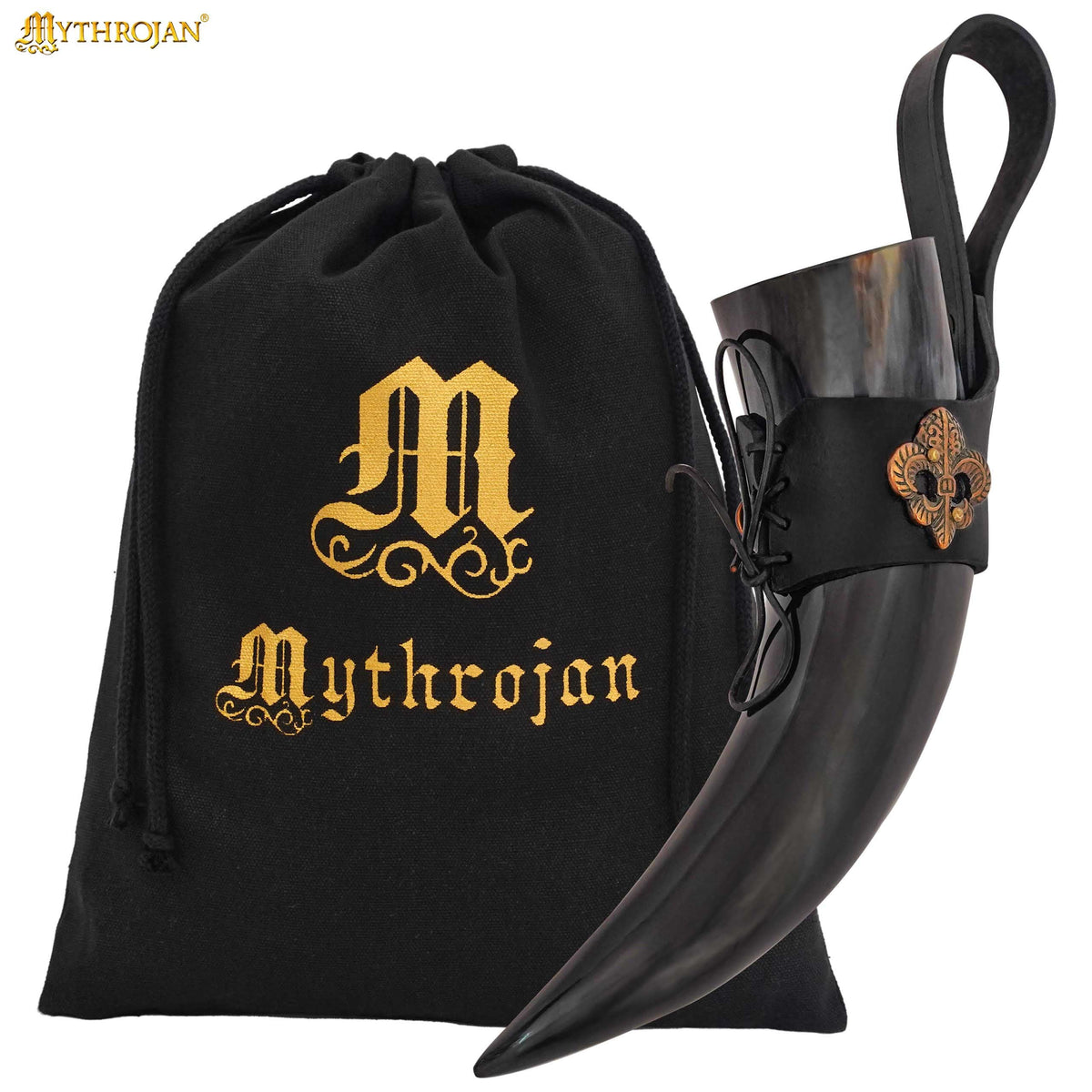Mythrojan THE KNIGHT OF REALM Viking Drinking Horn with Black Leather Holder Authentic Medieval Inspired Viking Wine/Mead Mug - Polished Finish - 600 ML