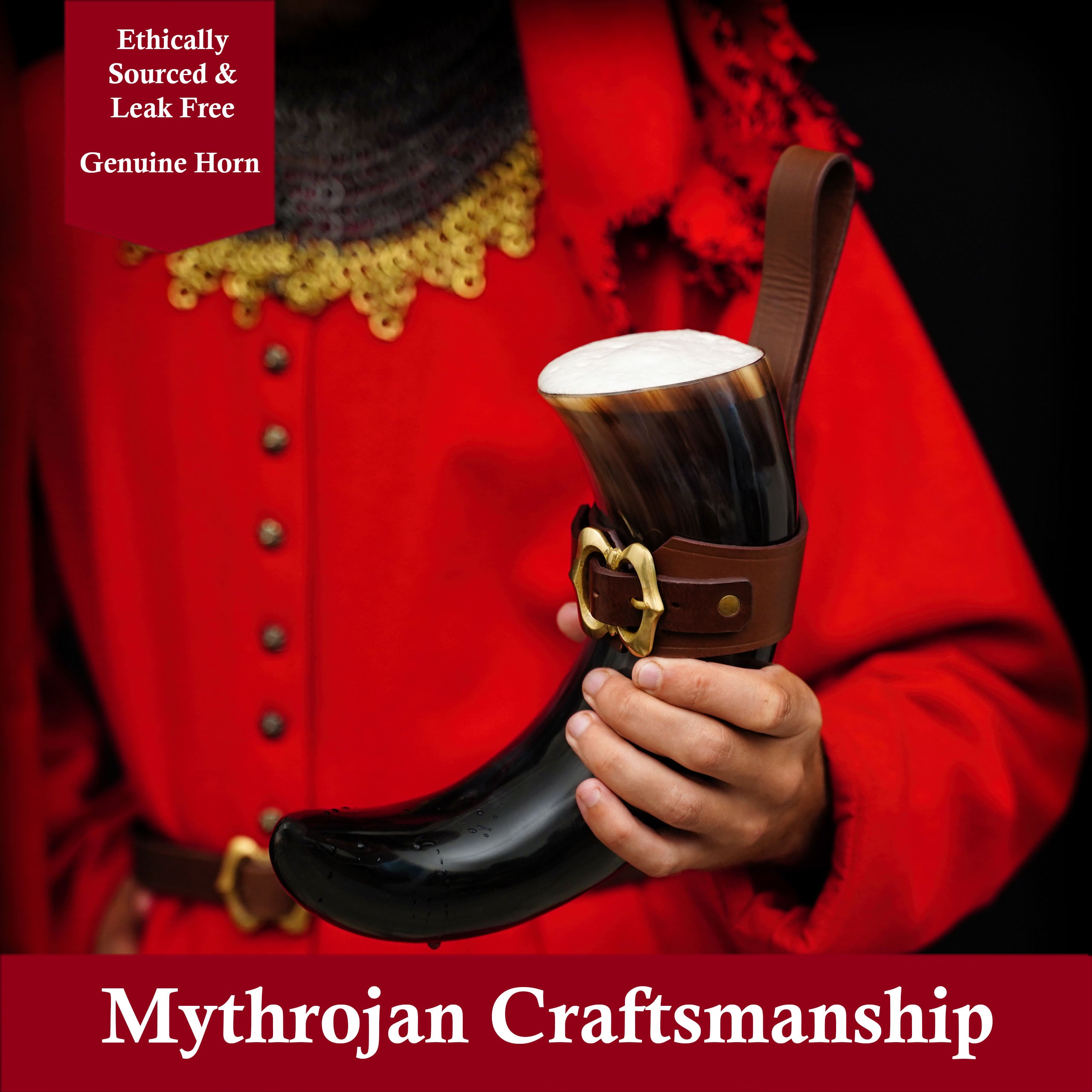 Mythrojan THE LOYAL SOLDIER - Viking Drinking Horn with Leather Holder Authentic Medieval Inspired Viking Wine/Mead Mug - Polished Finish - 600 ML / Brown