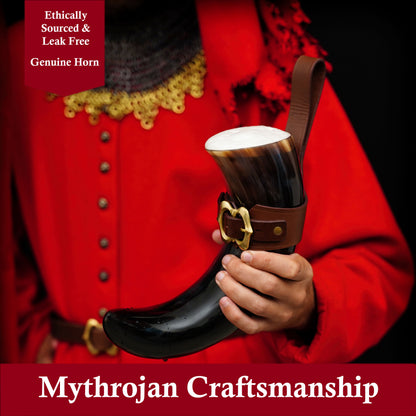 Mythrojan THE LOYAL SOLDIER - Viking Drinking Horn with Leather Holder Authentic Medieval Inspired Viking Wine/Mead Mug - Polished Finish - 600 ML / Brown